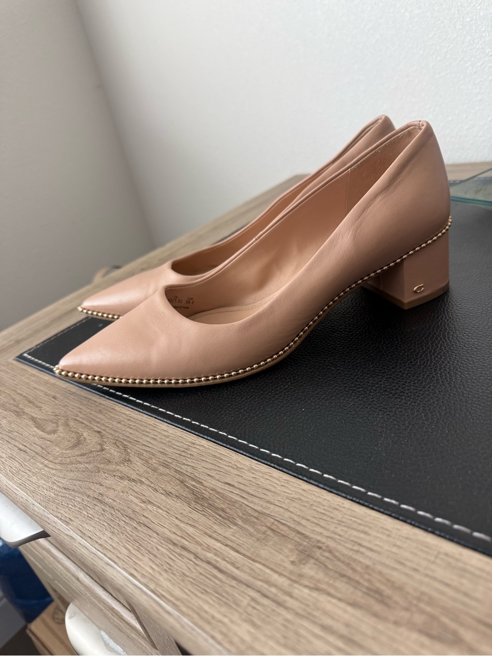 Coach Blush Leather Pointed Block Heel Pumps with Gold Bead Trim